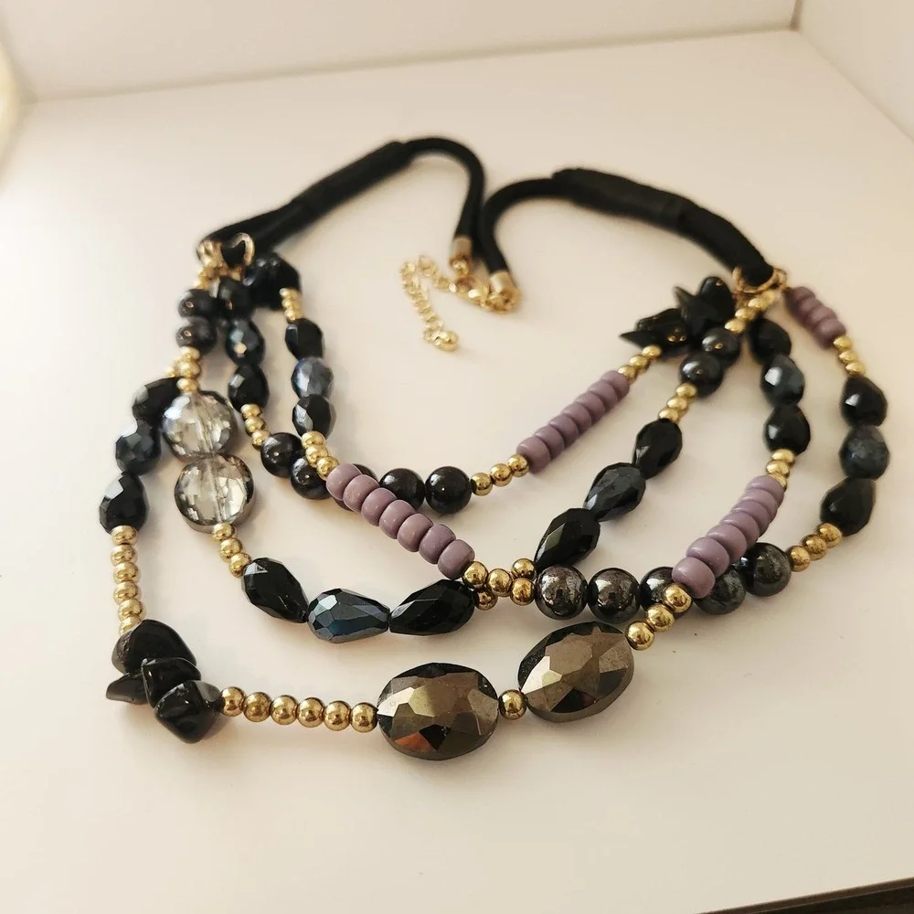 Multi Strand Statement Necklace Black Purple Gold Beaded Layered Cord Adjustable